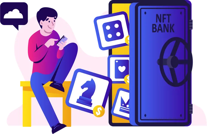 Man Using NFT Mobile Banking  Illustration