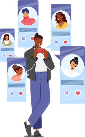 Man using Online Dating Service App  イラスト