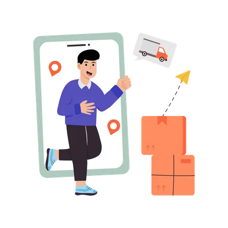 Man using online logistics service using mobile app  Illustration