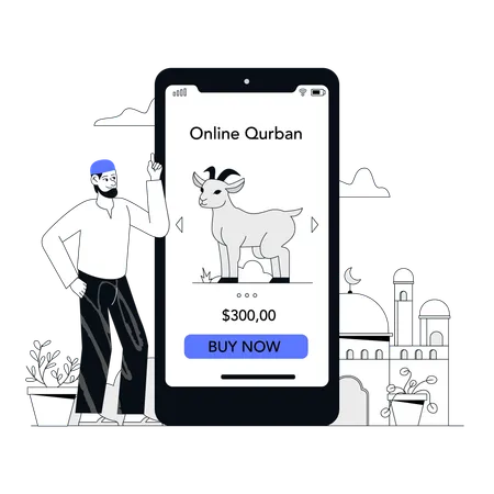 Man Using Online Qurban Application In His Smartphone イラスト