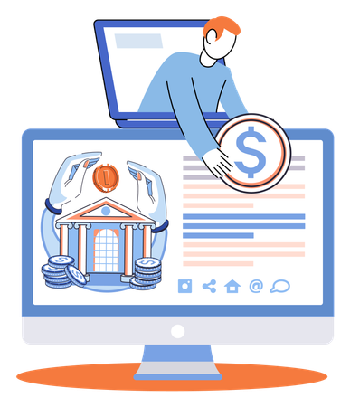 Man using online transaction system savings money in bank  Illustration