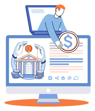 Man using online transaction system savings money in bank  Illustration