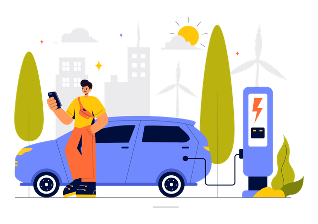 Man using phone while Electric Car Battery Charging  Illustration