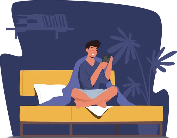Man using phone while sitting on bed Illustration