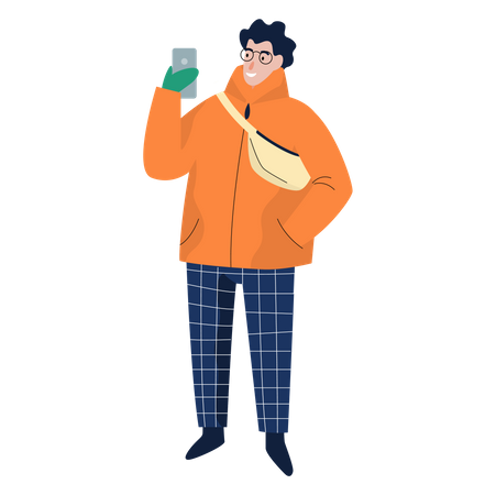 Man using phone while wearing winter clothes  Illustration