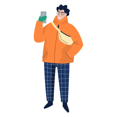 Man using phone while wearing winter clothes Illustration