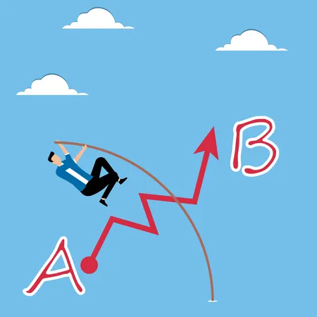 Man using pole jumps from A to B  Illustration