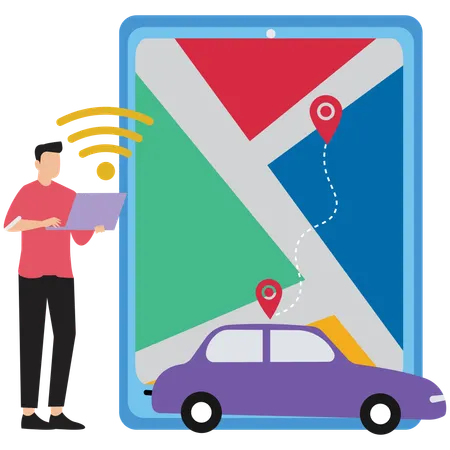 Man using Real-Time Car Location Tracking App  Illustration