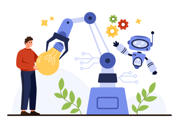 Man using Robot Arm Automation with Human and Robot  Illustration