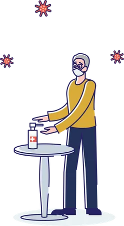 Concept Of Quarantine Coronavirus Epidemic Man Wears Protective Face Mask And Disinfect His Hands By Antibacterial Gel To Prevent Infection Spreading Cartoon Linear Outline Flat Vector Illustration Illustration