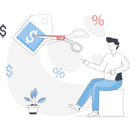 Man using scissors to cut a piece of paper on a flat surface  Illustration