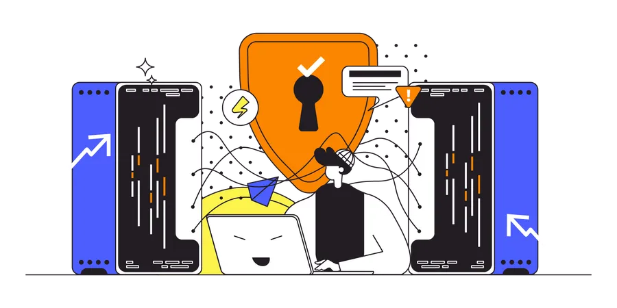 Network Security Web Concept In Flat Outline Design With Characters Man Using Secure Login To Personal Account Firewall Protecting Data And Files On Laptop People Scene Vector Illustration 일러스트레이션
