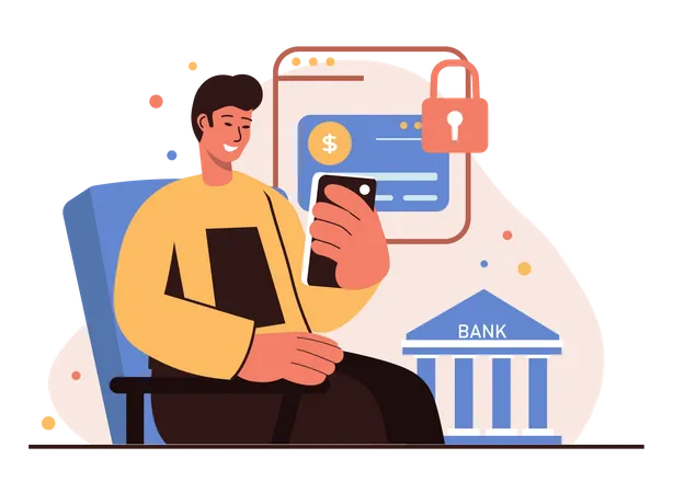 Man using secure mobile banking services Illustration