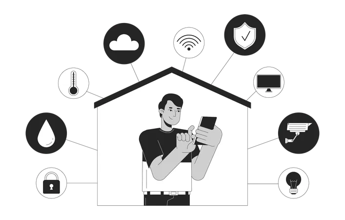 Smart Home Phone Man Black And White 2 D Illustration Concept Remote Access With Smartphone Indian Guy Cartoon Outline Character Isolated On White Smart House Technology Metaphor Monochrome Vector Illustration