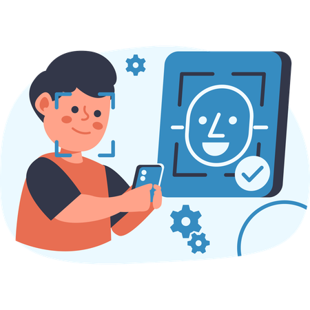 Man using smartphone for facial recognition security  Illustration