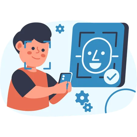 Man using smartphone for facial recognition security  Illustration