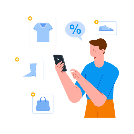 Man using smartphone for online shopping and finding discounts  Illustration