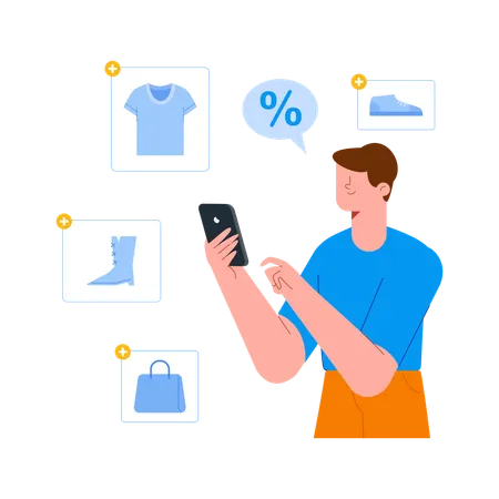 Man using smartphone for online shopping and finding discounts  Illustration