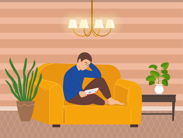 Man using smartphone while sitting on couch  Illustration