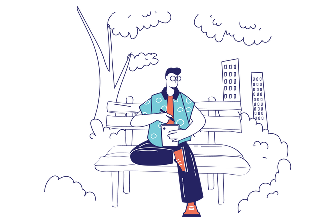 Man using tablet in park  Illustration