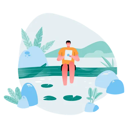 Relaxed Freelancer Guy Sitting On On The River Bank Reading In Tablet Computer With Good Natural Places Flat Vector Flat Illustration イラスト