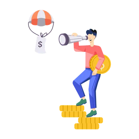 Man using telescope looking Financial Forecast  Illustration