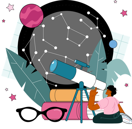 Man using telescope looking planet in galaxy  イラスト