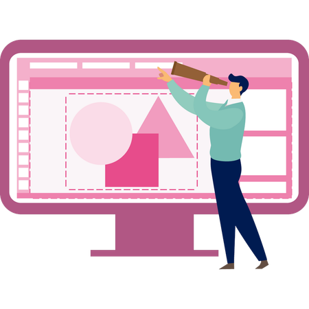 Man using telescope standing in front of the monitor showing geometric shapes Illustration