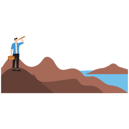 Man using telescope standing on top mountain  Illustration