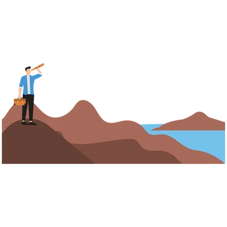 Man using telescope standing on top mountain  Illustration