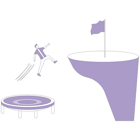 Man using trampoline overcomes cliff  Illustration