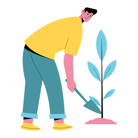 Man using trowel Planting Tree  Illustration