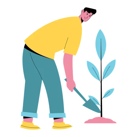 Man using trowel Planting Tree  Illustration