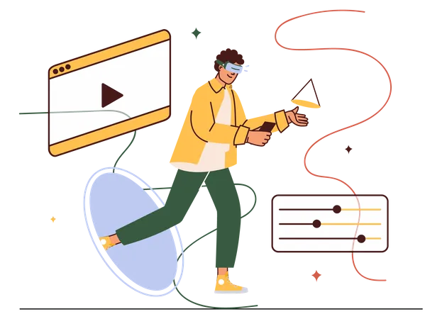 Metaverse Concept With People Scene In Flat Cartoon Design Man Interacts With Digital Objects Using Virtual Reality Technologies In A Virtual Space Vector Illustration Illustration