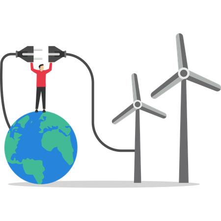 Man using wind energy on planet  Illustration