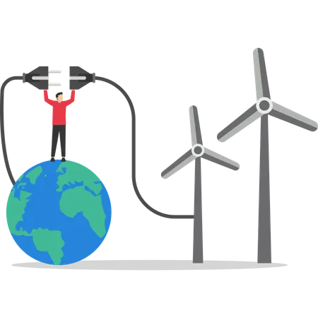 Man using wind energy on planet  Illustration