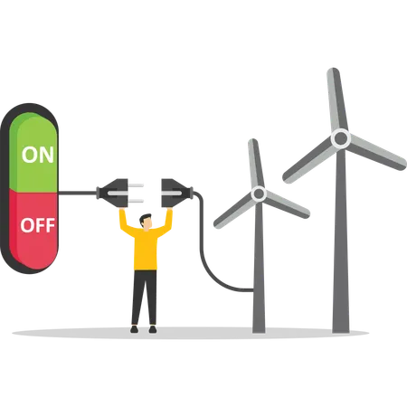 Man using wind energy to operate switch  Illustration