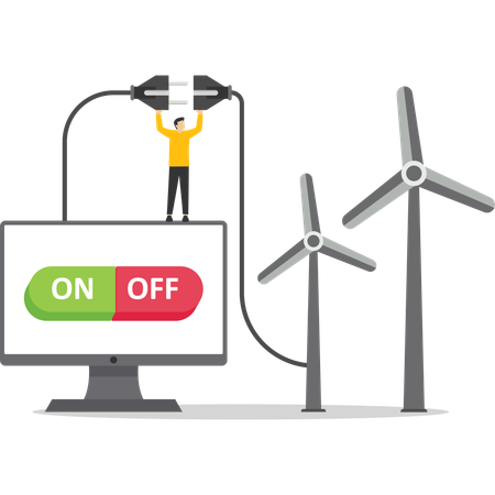 Man using wind energy to use computer  Illustration