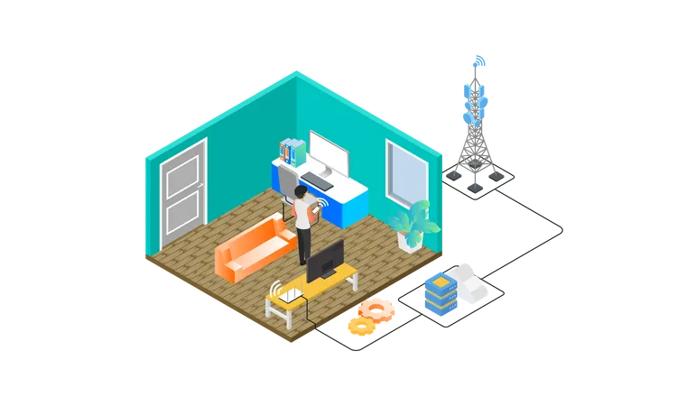 Illustration Of Room Equipped With A Wifi Network From A Router With A Cloud Storage Server Illustration