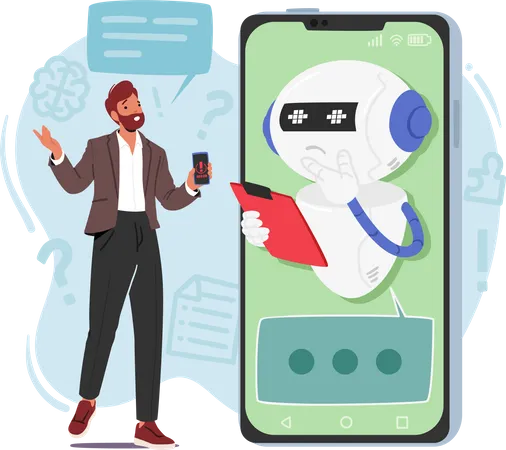 Homem utiliza chatbot para suporte técnico  Ilustração