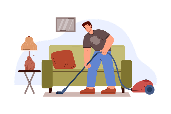 Man vacuuming floor in house  Illustration