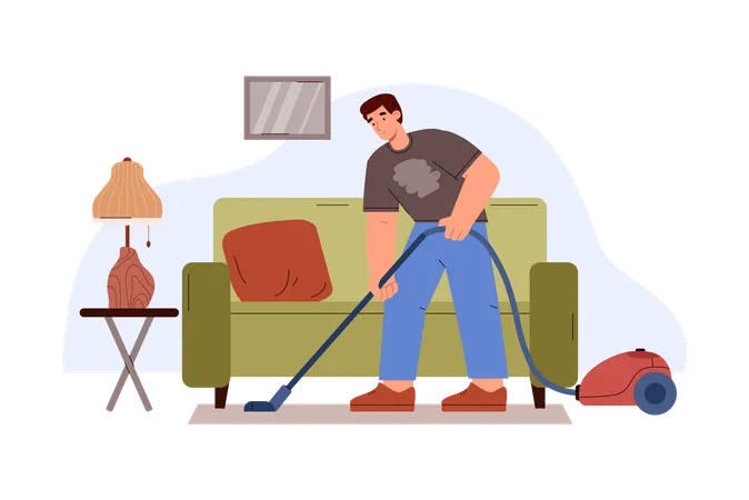 Man vacuuming floor in house  Illustration