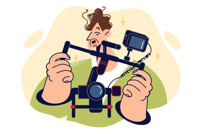 Man Videographer Holds Camera Mounted On Stabilizer To Shoot Video With Smooth Frame Movement Young Guy Professional Videographer Uses Expensive Equipment While Working On Movie Illustration