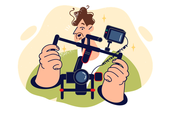 Man videographer holds camera mounted on stabilizer to shoot video  Illustration