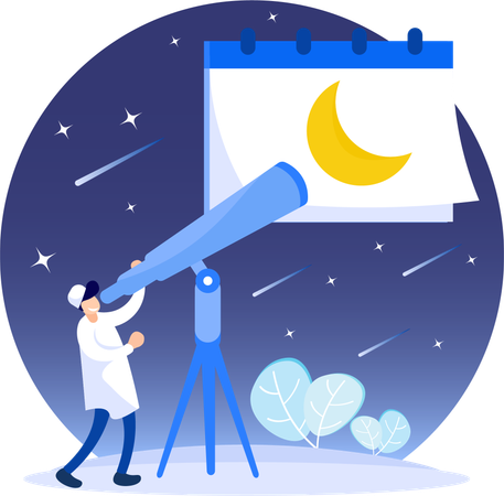 Man viewing crescent moon at night  Illustration