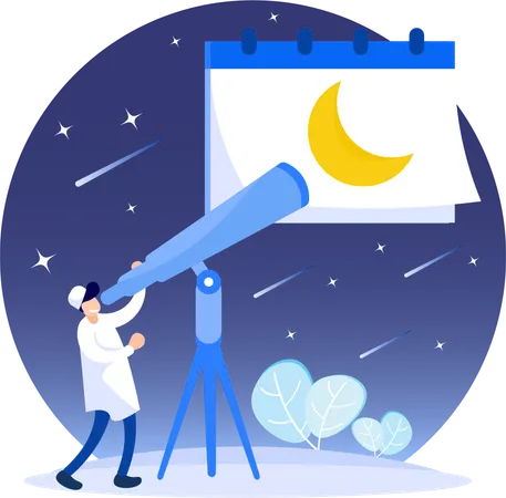 Man viewing crescent moon at night  Illustration