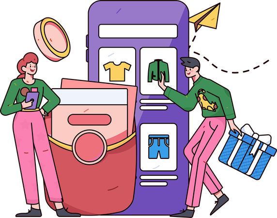 Man viewing different clothes on shopping website  Illustration