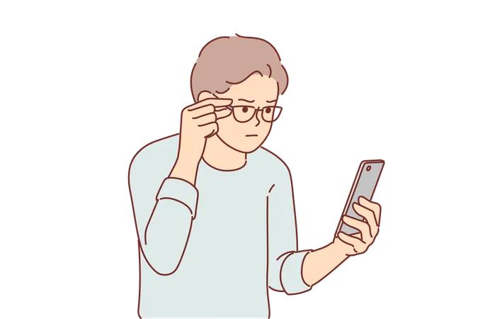 Man Has Vision Problems And Reads SMS Message In Small Print On Phone Adjusting Glasses On Eyes Guy Needs Help Of Ophthalmologist To Improve Vision Or Replace Eyeglasses To Relieve Myopia イラスト