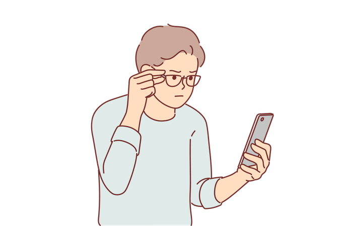 Man vision problems and reads SMS message on phone  Illustration