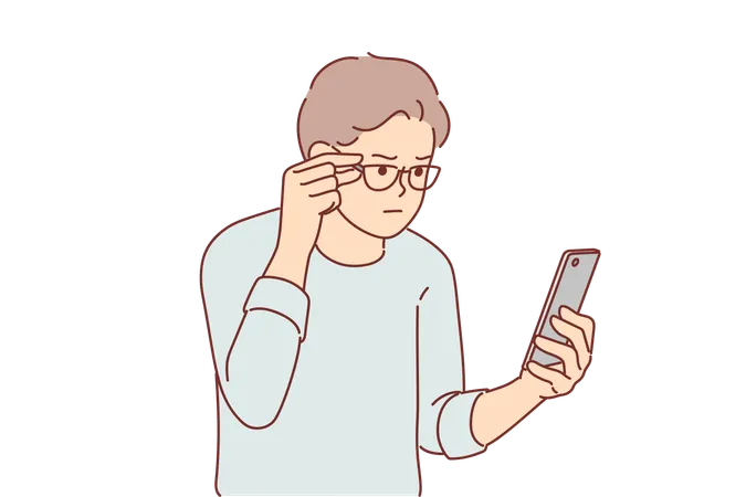 Man vision problems and reads SMS message on phone  Illustration